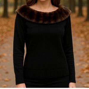 Nygard Collection Black Sweater with Brown Faux Fur Boat Neck Collar Size XL